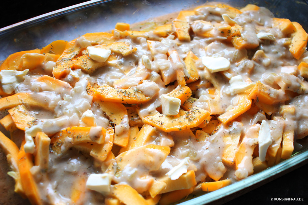 Herbstvorfreuderezept: Kartoffel-Kürbis-Gratin (vegan) | Die Konsumfrau